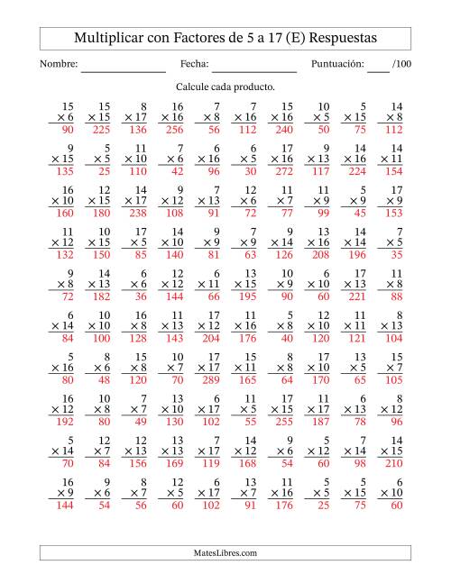 La hoja de ejercicios de Multiplicación con Factores de 5 a 17 (100 Preguntas) (E) Página 2