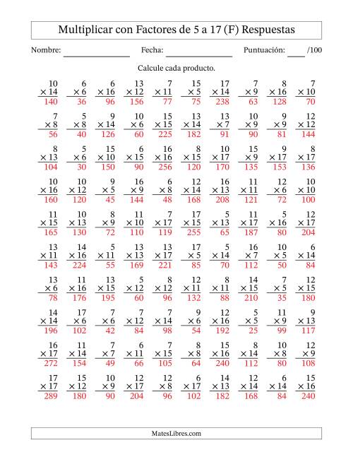 La hoja de ejercicios de Multiplicación con Factores de 5 a 17 (100 Preguntas) (F) Página 2