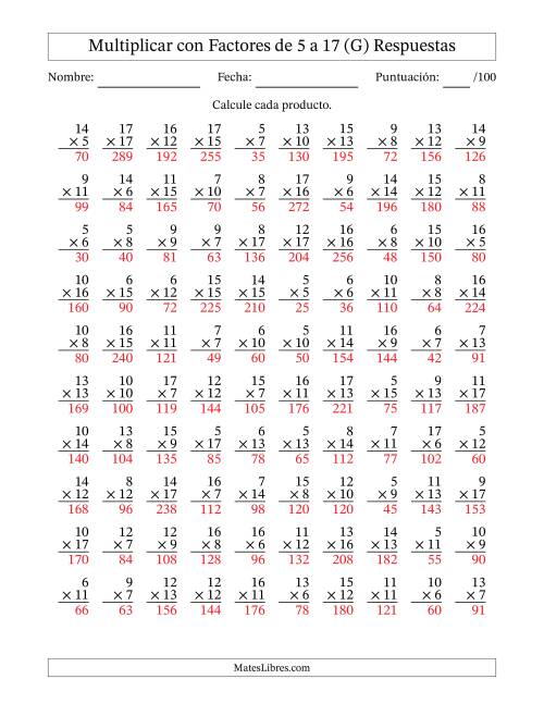 La hoja de ejercicios de Multiplicación con Factores de 5 a 17 (100 Preguntas) (G) Página 2
