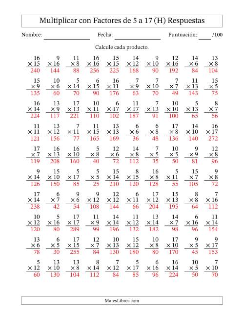 La hoja de ejercicios de Multiplicación con Factores de 5 a 17 (100 Preguntas) (H) Página 2