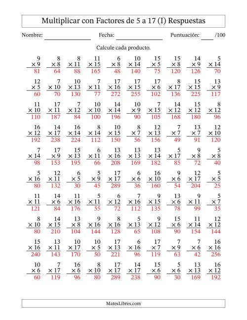 La hoja de ejercicios de Multiplicación con Factores de 5 a 17 (100 Preguntas) (I) Página 2