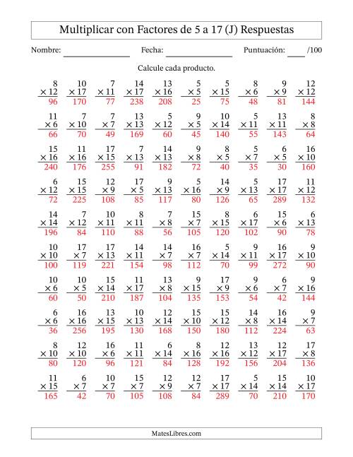 La hoja de ejercicios de Multiplicación con Factores de 5 a 17 (100 Preguntas) (J) Página 2