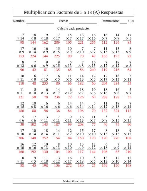 La hoja de ejercicios de Multiplicación con Factores de 5 a 18 (100 Preguntas) (A) Página 2