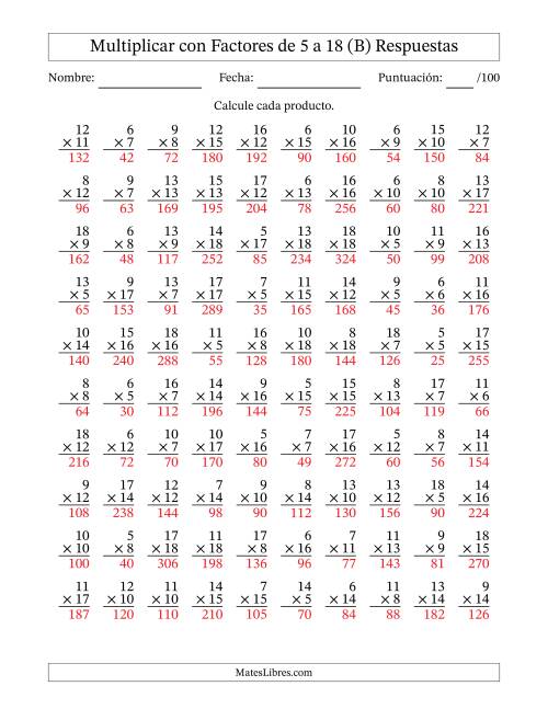 La hoja de ejercicios de Multiplicación con Factores de 5 a 18 (100 Preguntas) (B) Página 2
