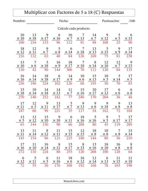 La hoja de ejercicios de Multiplicación con Factores de 5 a 18 (100 Preguntas) (C) Página 2
