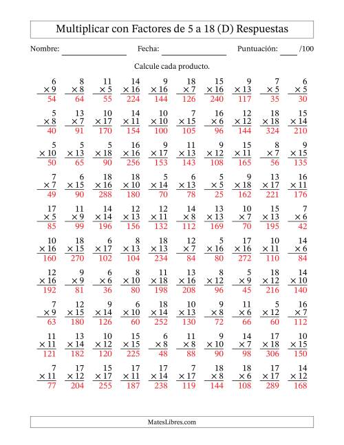 La hoja de ejercicios de Multiplicación con Factores de 5 a 18 (100 Preguntas) (D) Página 2