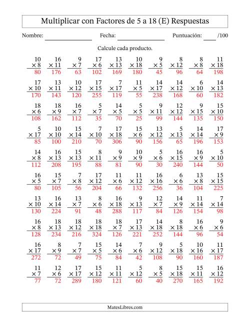 La hoja de ejercicios de Multiplicación con Factores de 5 a 18 (100 Preguntas) (E) Página 2