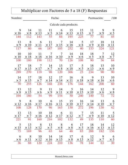 La hoja de ejercicios de Multiplicación con Factores de 5 a 18 (100 Preguntas) (F) Página 2