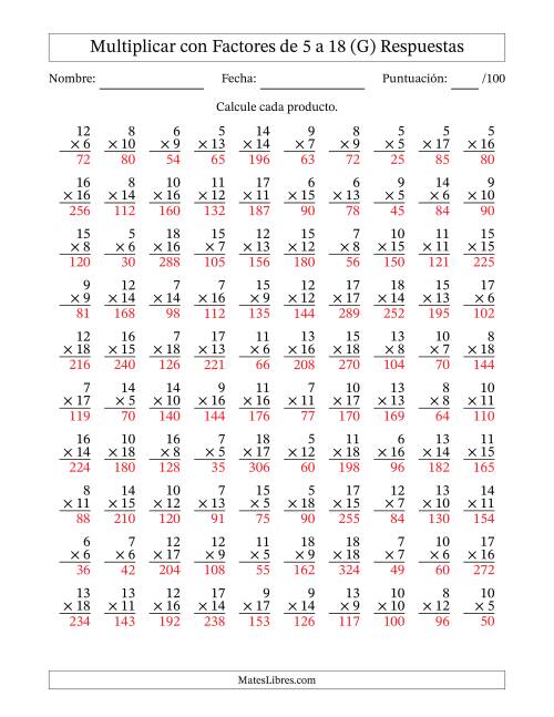 La hoja de ejercicios de Multiplicación con Factores de 5 a 18 (100 Preguntas) (G) Página 2