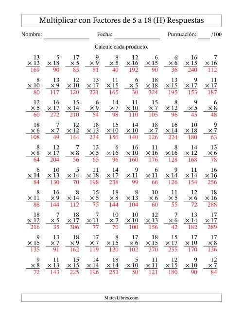 La hoja de ejercicios de Multiplicación con Factores de 5 a 18 (100 Preguntas) (H) Página 2