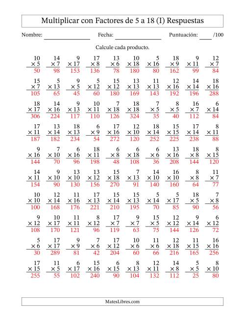 La hoja de ejercicios de Multiplicación con Factores de 5 a 18 (100 Preguntas) (I) Página 2