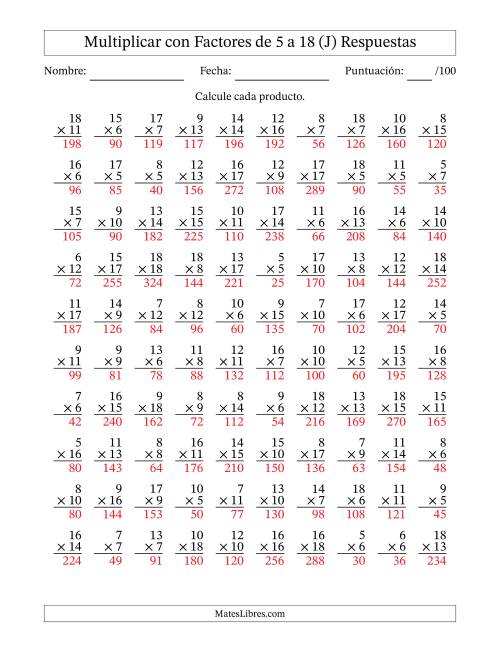 La hoja de ejercicios de Multiplicación con Factores de 5 a 18 (100 Preguntas) (J) Página 2