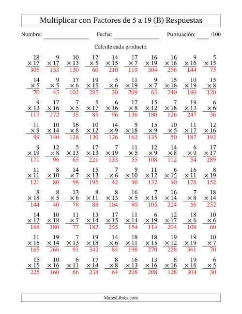 La hoja de ejercicios de Multiplicación con Factores de 5 a 19 (100 Preguntas) (B) Página 2