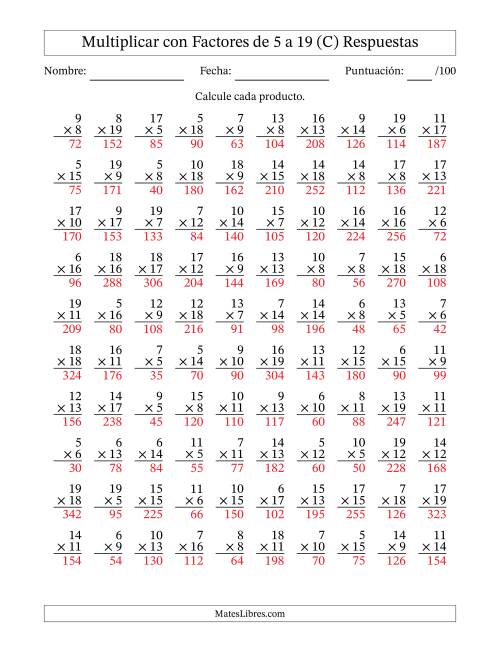La hoja de ejercicios de Multiplicación con Factores de 5 a 19 (100 Preguntas) (C) Página 2