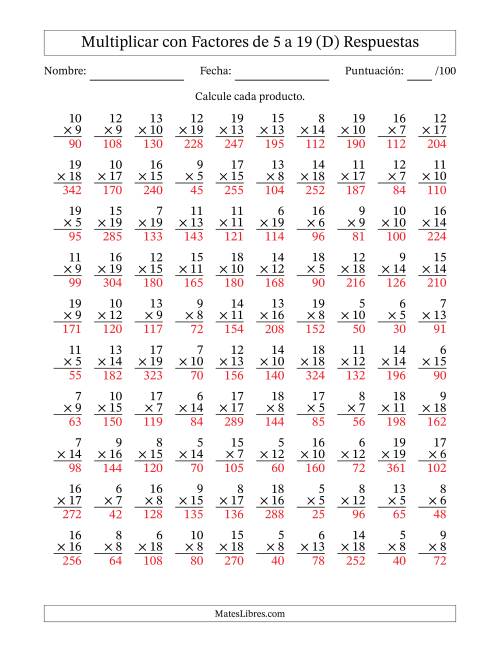 La hoja de ejercicios de Multiplicación con Factores de 5 a 19 (100 Preguntas) (D) Página 2