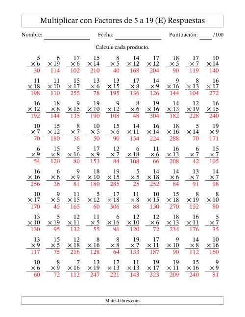 La hoja de ejercicios de Multiplicación con Factores de 5 a 19 (100 Preguntas) (E) Página 2