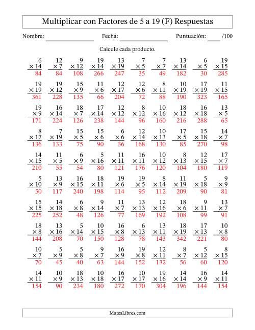 La hoja de ejercicios de Multiplicación con Factores de 5 a 19 (100 Preguntas) (F) Página 2