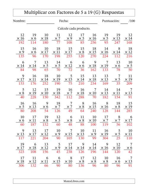La hoja de ejercicios de Multiplicación con Factores de 5 a 19 (100 Preguntas) (G) Página 2