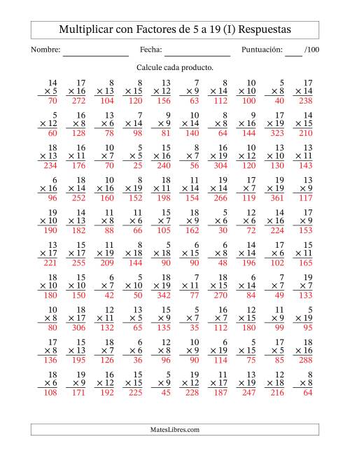 La hoja de ejercicios de Multiplicación con Factores de 5 a 19 (100 Preguntas) (I) Página 2