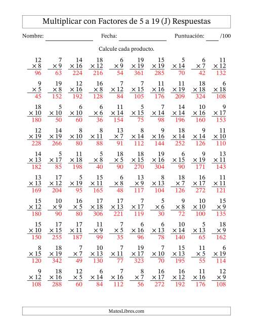 La hoja de ejercicios de Multiplicación con Factores de 5 a 19 (100 Preguntas) (J) Página 2