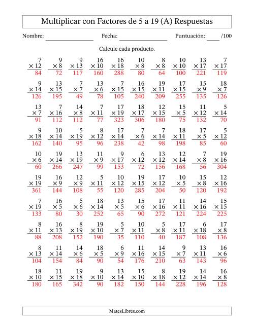 La hoja de ejercicios de Multiplicación con Factores de 5 a 19 (100 Preguntas) (Todas) Página 2