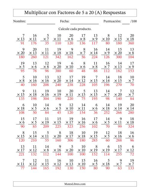 La hoja de ejercicios de Multiplicación con Factores de 5 a 20 (100 Preguntas) (A) Página 2