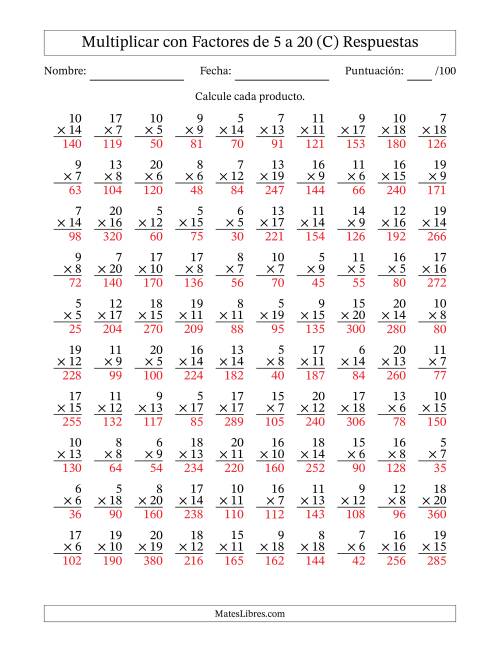 La hoja de ejercicios de Multiplicación con Factores de 5 a 20 (100 Preguntas) (C) Página 2