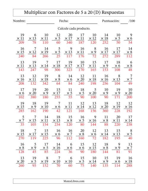 La hoja de ejercicios de Multiplicación con Factores de 5 a 20 (100 Preguntas) (D) Página 2