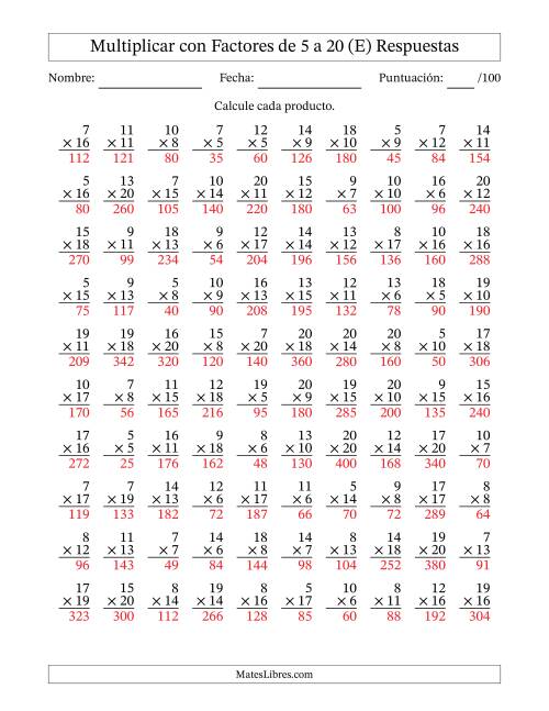 La hoja de ejercicios de Multiplicación con Factores de 5 a 20 (100 Preguntas) (E) Página 2