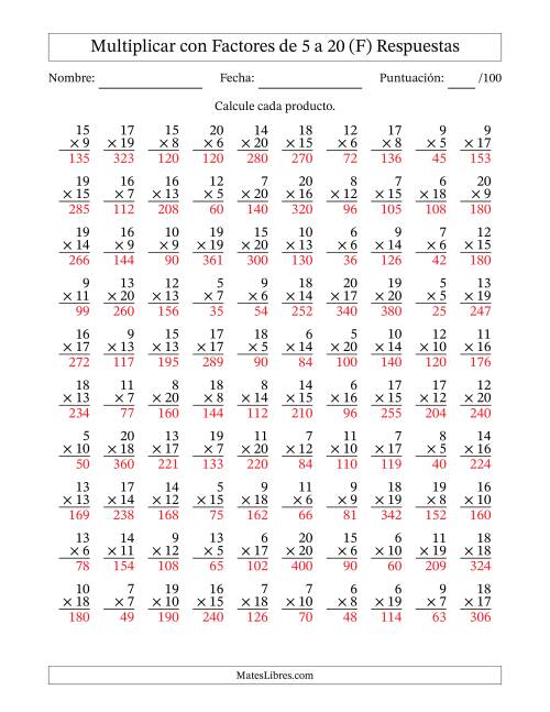 La hoja de ejercicios de Multiplicación con Factores de 5 a 20 (100 Preguntas) (F) Página 2