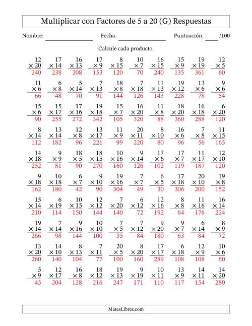 La hoja de ejercicios de Multiplicación con Factores de 5 a 20 (100 Preguntas) (G) Página 2