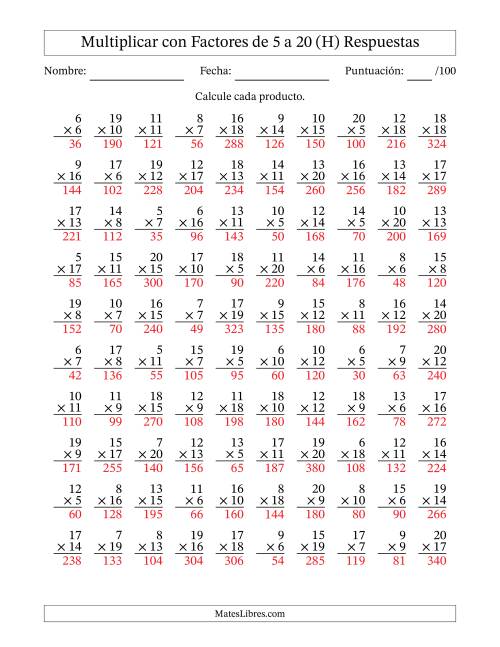 La hoja de ejercicios de Multiplicación con Factores de 5 a 20 (100 Preguntas) (H) Página 2