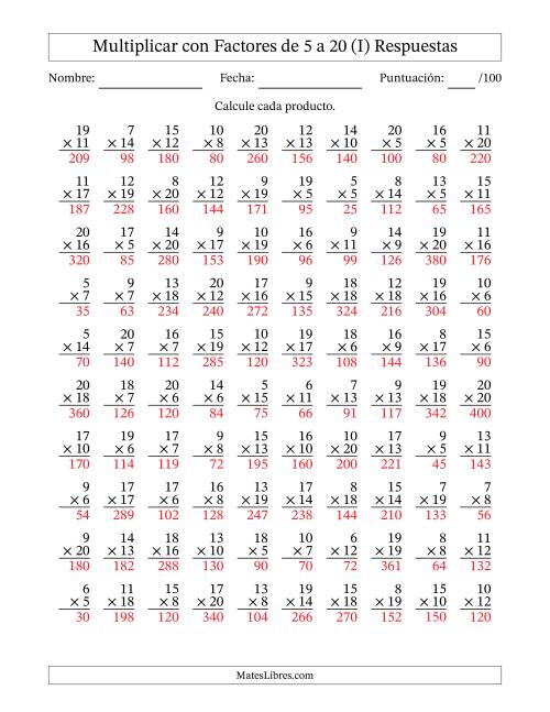 La hoja de ejercicios de Multiplicación con Factores de 5 a 20 (100 Preguntas) (I) Página 2