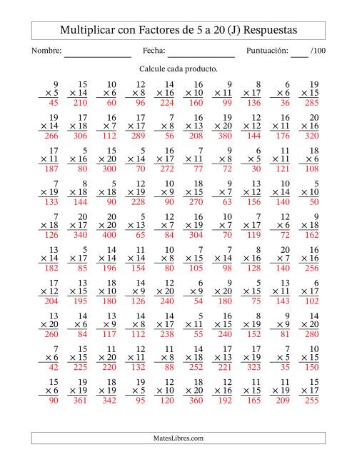 La hoja de ejercicios de Multiplicación con Factores de 5 a 20 (100 Preguntas) (J) Página 2