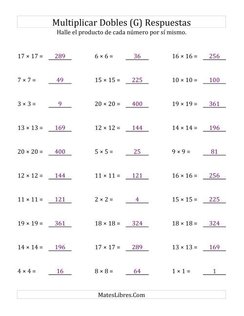 La hoja de ejercicios de Multiplicar Dobles (Cuadrados) (G) Página 2