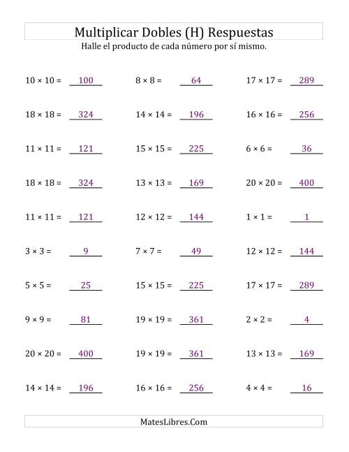 La hoja de ejercicios de Multiplicar Dobles (Cuadrados) (H) Página 2