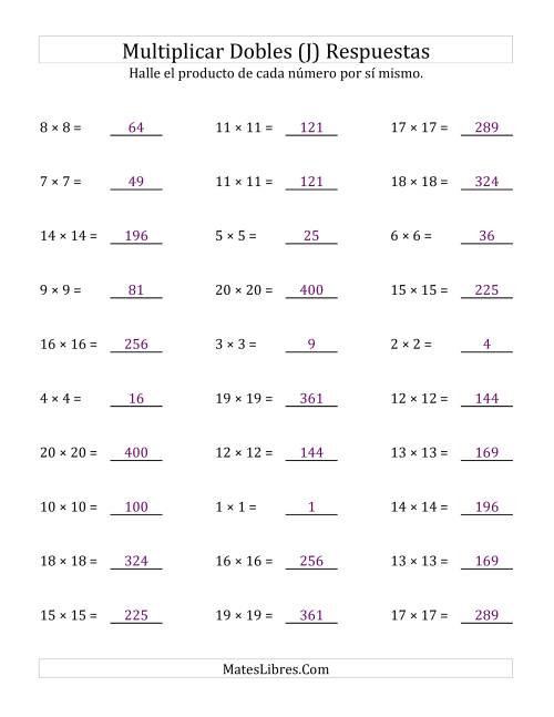 La hoja de ejercicios de Multiplicar Dobles (Cuadrados) (J) Página 2