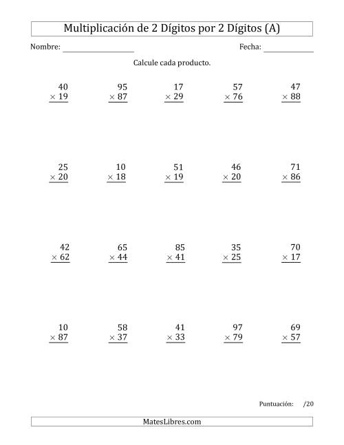 La hoja de ejercicios de Multiplicar Números de 2 Dígitos por 2 Dígitos Usando Comas como Separadores de Millares (A)