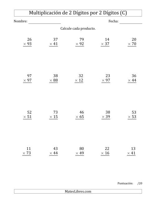 La hoja de ejercicios de Multiplicar Números de 2 Dígitos por 2 Dígitos Usando Comas como Separadores de Millares (C)