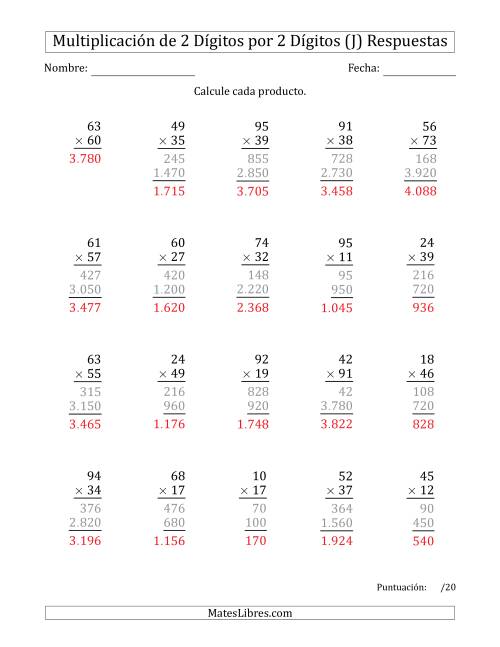 La hoja de ejercicios de Multiplicar Números de 2 Dígitos por 2 Dígitos Usando Puntos como Separadores de Millares (J) Página 2