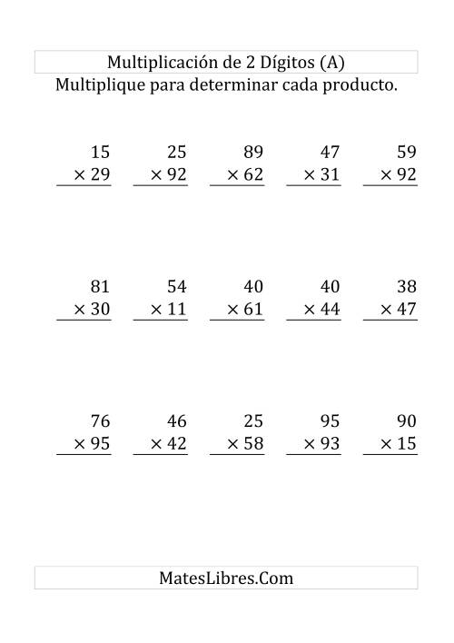 La hoja de ejercicios de Multiplicación Larga, Producto de Dos Dígitos por Dos Dígitos (Grande)
