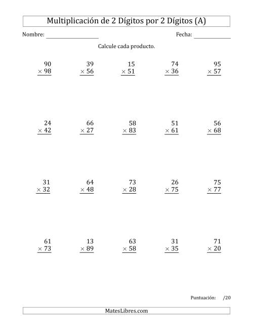 La hoja de ejercicios de Multiplicar Números de 2 Dígitos por 2 Dígitos Usando Puntos como Separadores de Millares (Todas)