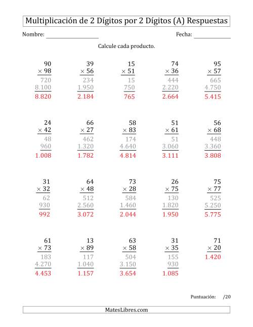 La hoja de ejercicios de Multiplicar Números de 2 Dígitos por 2 Dígitos Usando Puntos como Separadores de Millares (Todas) Página 2