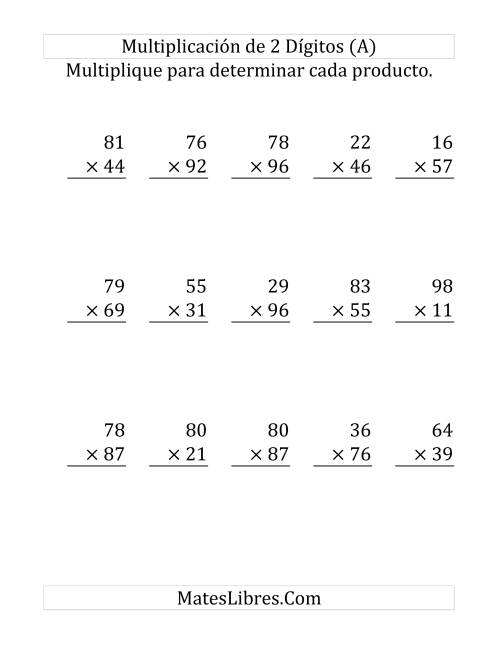 La hoja de ejercicios de Multiplicación Larga, Producto de Dos Dígitos por Dos Dígitos (Grande)
