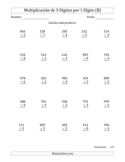 La hoja de ejercicios de Multiplicar Números de 3 Dígitos por 1 Dígito Usando Comas como Separadores de Millares (B)