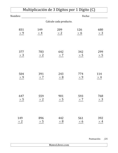 La hoja de ejercicios de Multiplicar Números de 3 Dígitos por 1 Dígito Usando Comas como Separadores de Millares (C)