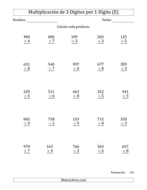 La hoja de ejercicios de Multiplicar Números de 3 Dígitos por 1 Dígito Usando Comas como Separadores de Millares (E)