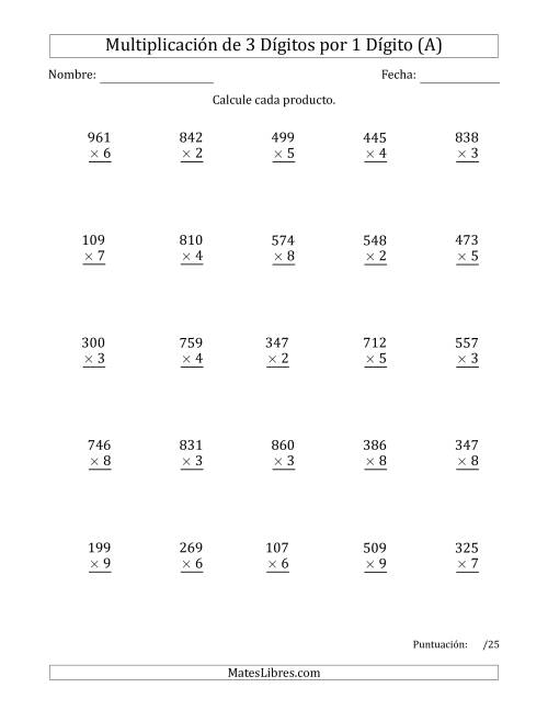 La hoja de ejercicios de Multiplicar Números de 3 Dígitos por 1 Dígito Usando Puntos como Separadores de Millares (A)