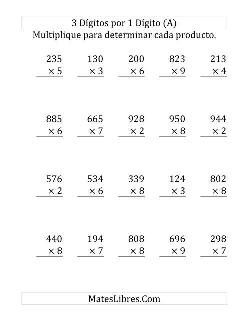 La hoja de ejercicios de Multiplicación Larga, Producto de Tres Dígitos por Un Dígito (Grande)