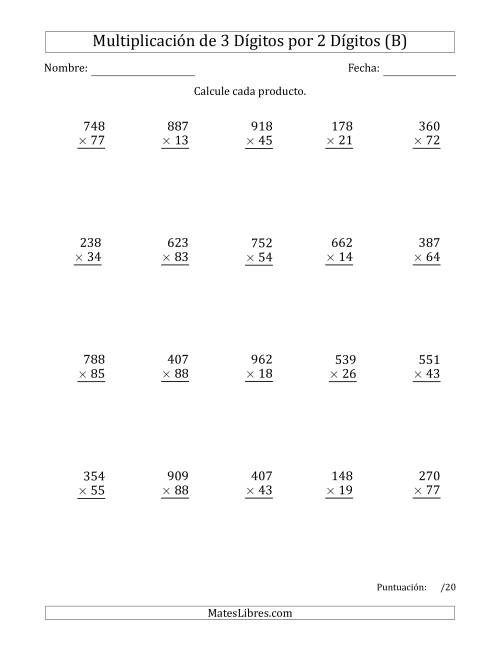 La hoja de ejercicios de Multiplicar Números de 3 Dígitos por 2 Dígitos Usando Comas como Separadores de Millares (B)